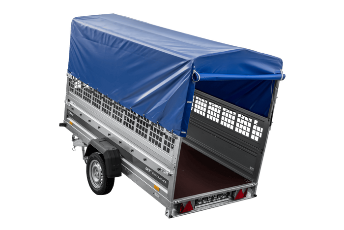 Autotransportanhänger 264x125 UNITRAILER FORCE 264 KIPP mit Gitterwänden, H-800 Rahmen und blauer Plane