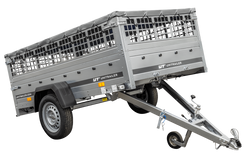 PKW-Ahänger 230x125 UNITRAILER GARDEN 230 KIPP mit Gitteraufsatz und grauer Plane