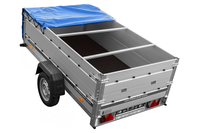 Einachsanhänger mit Aluminiumseitenwänden 230x125 Unitrailer Garden 230 KIPP ALU mit BIS-Seitenwänden, H-0-Rahmen und blauer Plane