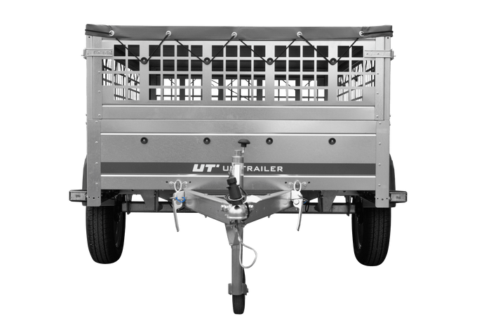 PKW-Anhänger 200x125 UNITRAILER GARDEN 201 KIPP mit Gitteraufsatz und grauer Flachplane
