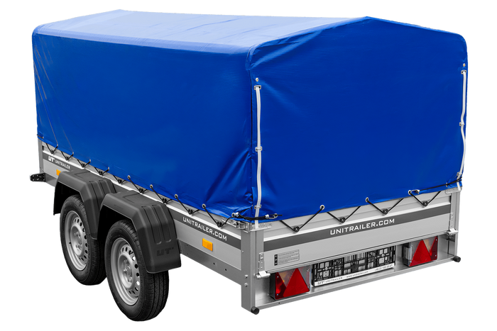 Zweiachsiger Anhänger mit Aluminiumseitenwänden 264x125 Unitrailer Garden 264/2 KIPP ALU mit H-800 Rahmen und blauer Plane
