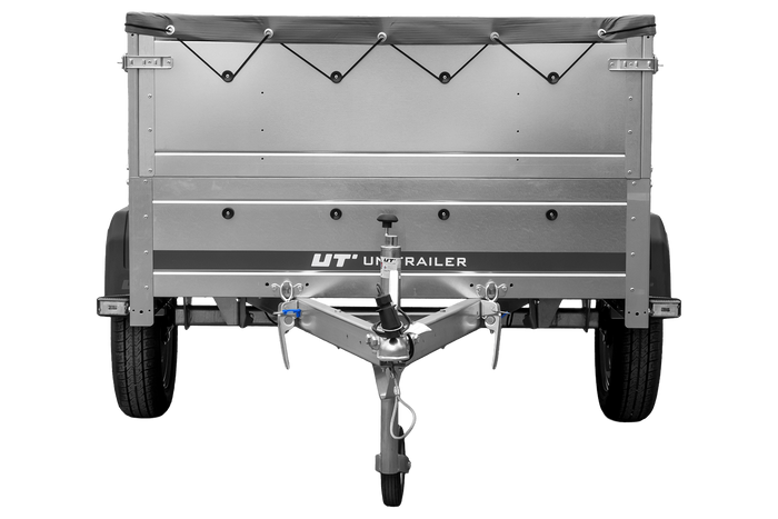 PKW-Anhänger 200x125 UNITRAILER GARDEN 201 KIPP mit Bordwandaufsatz, grauer Flachplane und Flachplanenträger