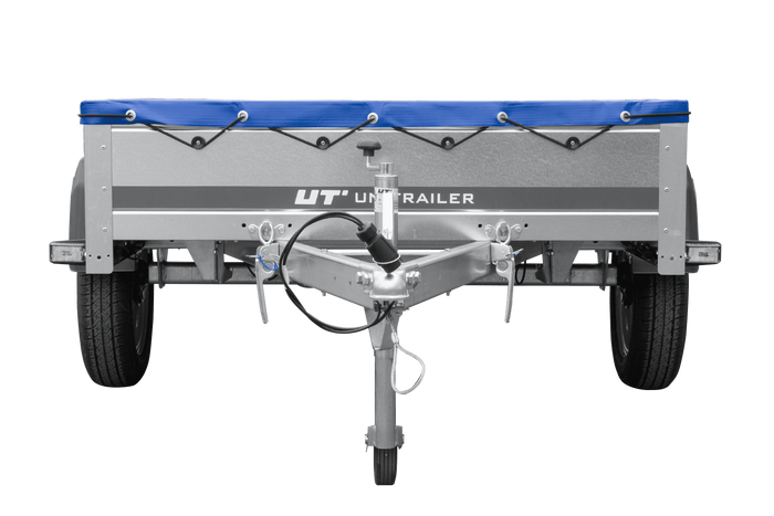 PKW-Anhänger 200x125 UNITRAILER GARDEN 201 KIPP mit blauer Flachplane und Flachplanenträger