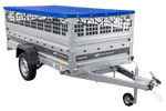 Einachsiger Anhänger auf Blattfedern 264x125 UNITRAILER FORCE 264/R KIPP mit Gitterseitenwänden, H-0-Rahmen und blauer Plane