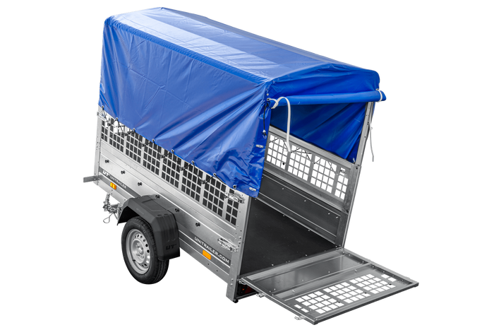 Leichter Anhänger 200x106 UNITRAILER GARDEN 200 KIPP mit Gitterwänden, H-800 Rahmen und blauer Plane