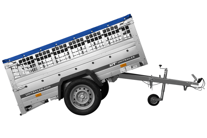 PKW-Anhänger auf Federn 200x125 UNITRAILER GARDEN 201/R KIPP mit Gitterwänden, H-0-Rahmen und blauer Plane