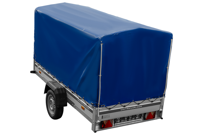 Autoanhänger mit Aluminiumseitenwänden 264x125 Unitrailer Garden 264 KIPP ALU mit H-1100 Rahmen und blauer Plane