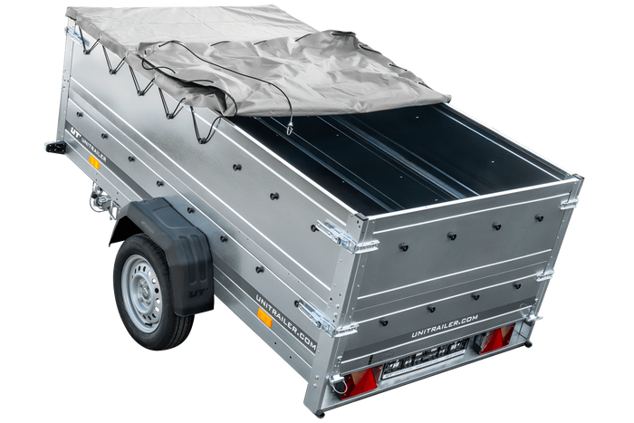 PKW-Anhänger 230x125 UNITRAILER GARDEN 230 KIPP mit Zusatzbordwänden und grauer Plane