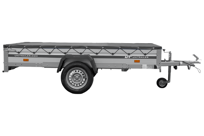 Autotransportanhänger mit Aluminiumseitenwänden 264x125 Unitrailer Garden 264 KIPP ALU mit H-0-Rahmen und grauer Plane
