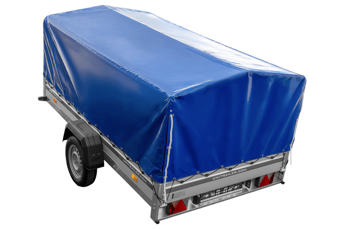 Einachsanhänger mit Aluminiumseitenwänden 264x150 Unitrailer Garden 265 KIPP ALU mit H-800 Rahmen und blauer Plane