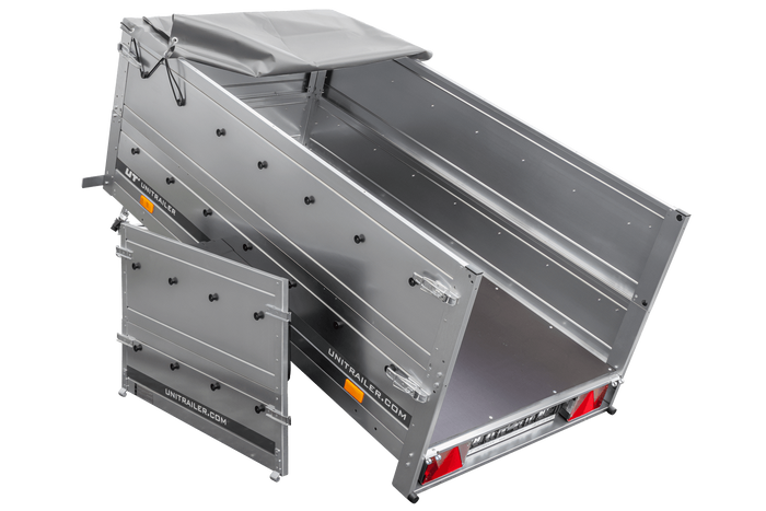 Autotransportanhänger 200x106 UNITRAILER GARDEN 200 KIPP mit BIS-Seitenwänden und grauer Plane