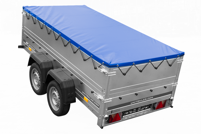 GARDEN TRAILER 264/2 KIPP Zweiachsanhänger mit Stützrad, Planenträgern, zus. Bordwänden und blauer Flachplane