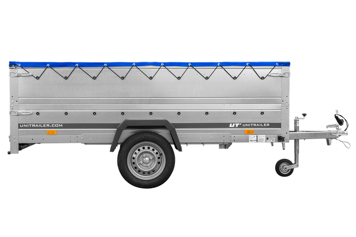 Einachsanhänger auf Federn 264x125 UNITRAILER GARDEN 264/R KIPP mit BIS-Seiten, H-0-Rahmen und blauer Plane