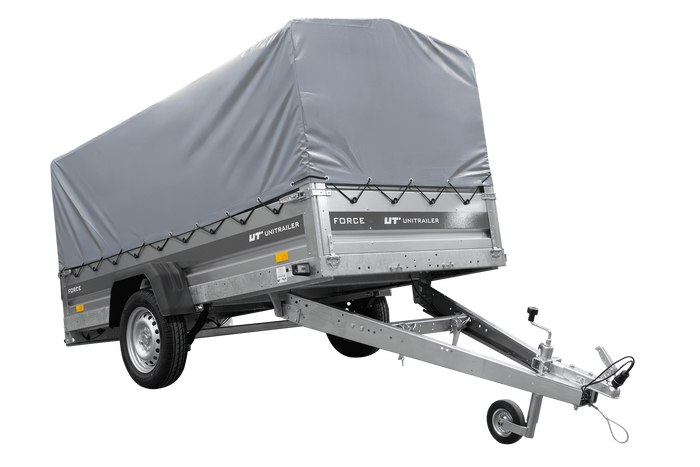 Einachsiger Anhänger mit Blattfedern 264x125 UNITRAILER FORCE 264/R KIPP mit H-800 Spriegel und grauer Plane