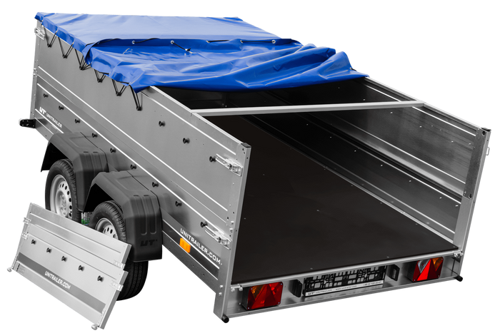Zweiachsiger Anhänger 264x150 UNITRAILER GARDEN 265/2 KIPP mit BIS-Seitenwänden, H-0-Rahmen und blauer Plane