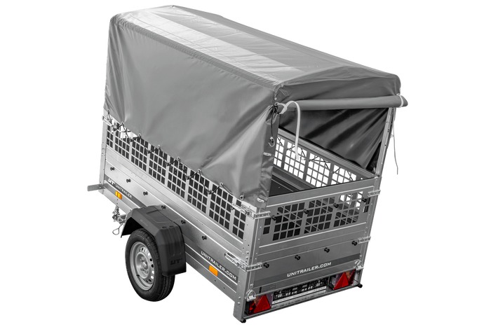 Autotransportanhänger 200x106 UNITRAILER GARDEN 200 KIPP mit Gitterwänden, H-800 Rahmen und grauer Plane