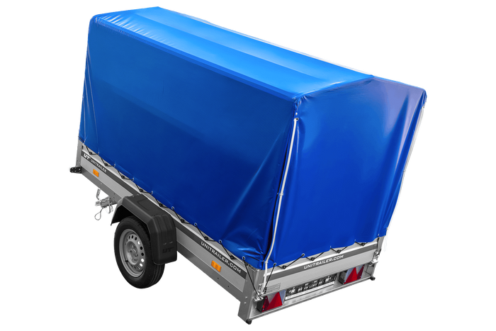 Autotransportanhänger mit Aluminiumwänden 230x125 Unitrailer Garden 230 KIPP ALU mit H1100-Rahmen und blauer Plane