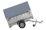 PKW-Anhänger 200x125 UNITRAILER GARDEN 201 KIPP mit Gitteraufsatz und grauer Hochplane