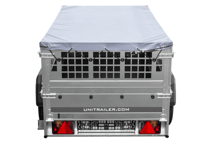 Einachsanhänger 200x106 UNITRAILER GARDEN 200 KIPP mit Seitenwänden aus Netzgewebe und grauer Plane