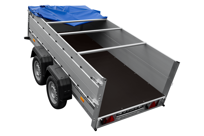 Zweiachsiger Anhänger mit Aluminiumseitenwänden 264x125 Unitrailer Garden 264/2 KIPP ALU mit BIS-Seitenwänden, H-0-Rahmen und blauer Plane