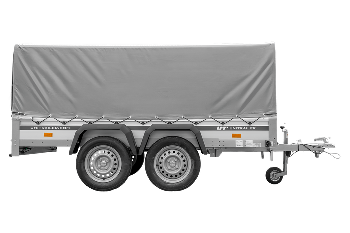 Zweiachsiger Anhänger mit Aluminiumseitenwänden 264x125 Unitrailer Garden 264/2 KIPP ALU mit H-800 Rahmen und grauer Plane