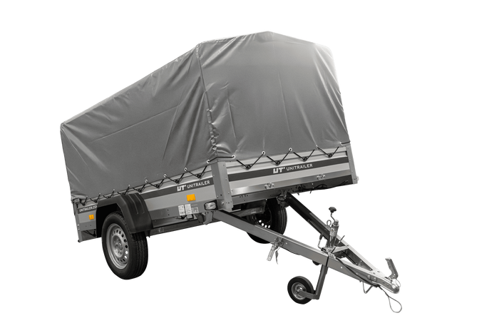 Einachsanhänger mit ALU-Bordwänden 230x125 Unitrailer Garden 230 KIPP ALU mit H-800 Rahmen und grauer Plane