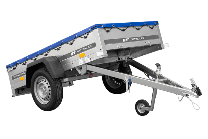 Gartenanhänger 200 Kipp mit Stützrad und blauer Plane