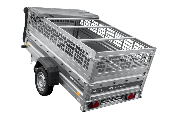 Einachsanhänger 230x125 UNITRAILER FORCE 230 KIPP mit Gitterwänden, H-0-Rahmen und grauer Plane