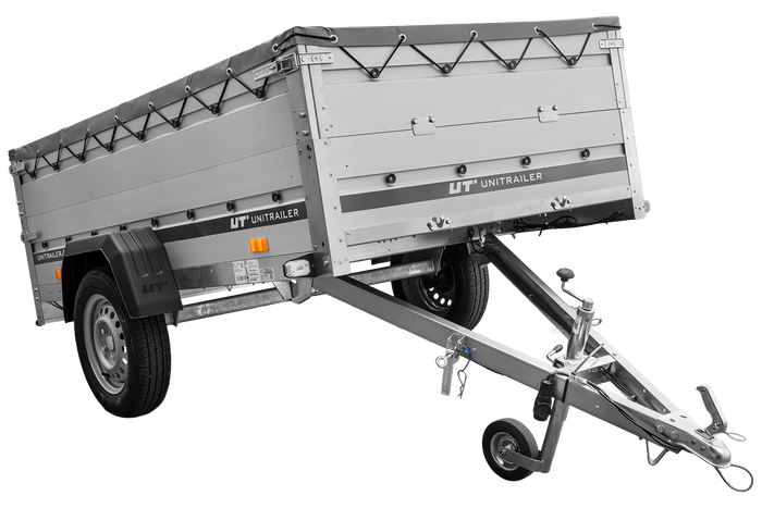 Einachsanhänger mit ALU-Bordwänden 230x125 Unitrailer Garden 230 KIPP ALU mit BIS-Seitenwänden, H-0-Rahmen und grauer Plane