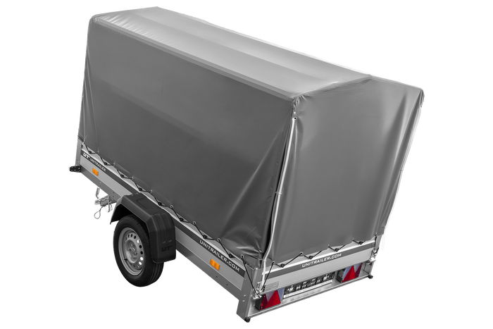 Autotransportanhänger mit Aluminiumwänden 230x125 Unitrailer Garden 230 KIPP ALU mit H1100-Rahmen und grauer Plane