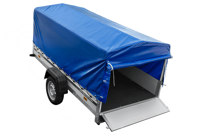 Einachsanhänger mit Aluminiumseitenwänden 264x125 Unitrailer Garden 264 KIPP ALU mit H-800 Rahmen und blauer Plane