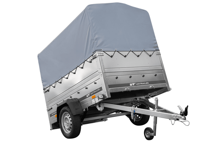Leichtanhänger auf Blattfedern 200x125 UNITRAILER GARDEN 201/R KIPP mit BIS-Seiten, H-800-Rahmen und grauer Plane