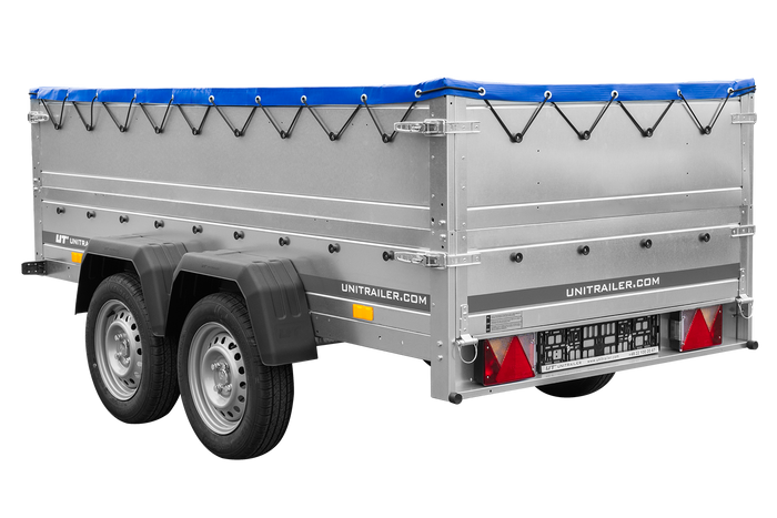 GARDEN TRAILER 264/2 KIPP Zweiachsanhänger mit Stützrad, Planenträgern, zus. Bordwänden und blauer Flachplane