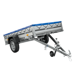 PKW-Anhänger mit Alubordwänden 230x125 Garden Trailer 230 KIPP ALU mit blauer Flachplane und Flachplanenträger