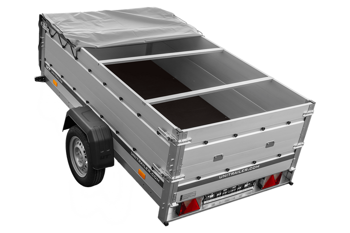 Einachsanhänger mit Aluminiumwänden 230x125 Unitrailer Garden 230 KIPP ALU mit BIS-Seitenwänden, H-0-Rahmen und grauer Plane