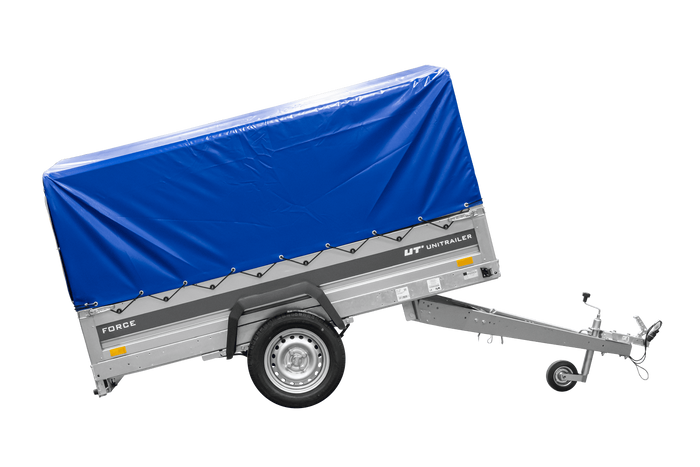 Anhänger mit Blattfedern 230x125 UNITRAILER FORCE 230/R KIPP mit H-800 Spriegel und blauer Hochplane