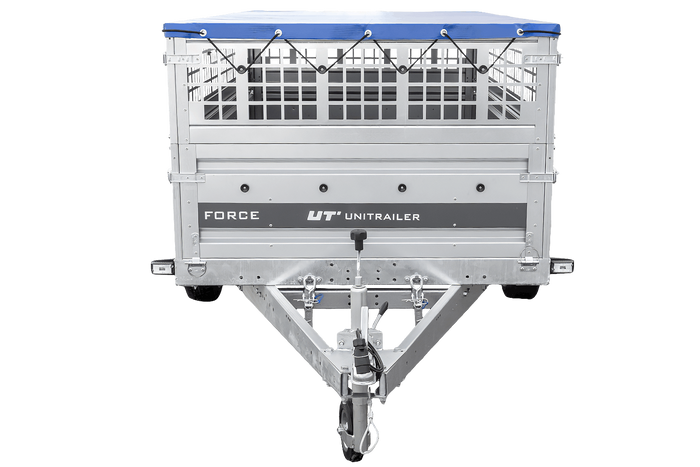 Einachsanhänger 264x125 UNITRAILER FORCE 264 KIPP mit Gitterwänden, H-0-Rahmen und blauer Plane