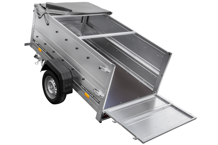 Gartenanhänger 200 Kipp mit Stützrad, zwei Seitenwänden, H-0-Rahmen und grauer Plane