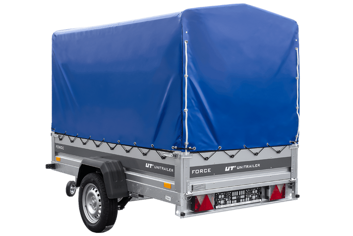 Autotransportanhänger auf Federn 230x125 UNITRAILER FORCE 230/R KIPP mit H-1100 Rahmen und blauer Plane