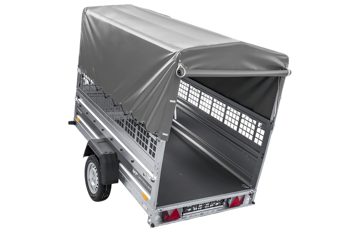 Einachsanhänger 230x125 UNITRAILER FORCE 230 KIPP mit Gitterseitenwänden, H-800 Rahmen und grauer Plane