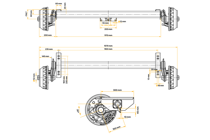 KNOTT VGB18MV gebremste Achse für Anhänger/Träger 1800 kg 1100 mm 1570 mm 5x112