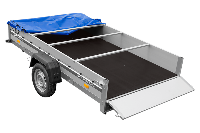 Autotransportanhänger mit Aluminiumseitenwänden 264x150 Unitrailer Garden 265 KIPP ALU mit H-0-Rahmen und blauer Plane