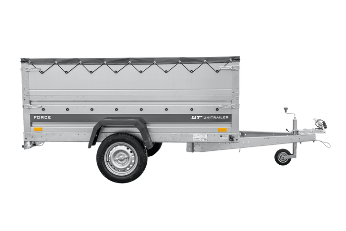Leichter Anhänger 230x125 UNITRAILER FORCE 230 KIPP mit BIS-Seitenwänden, H-0-Rahmen und grauer Plane