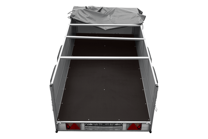Zweiachsiger Anhänger mit Aluminiumseitenwänden 264x125 Unitrailer Garden 264/2 KIPP ALU mit BIS-Seitenwänden, H-0-Rahmen und grauer Plane