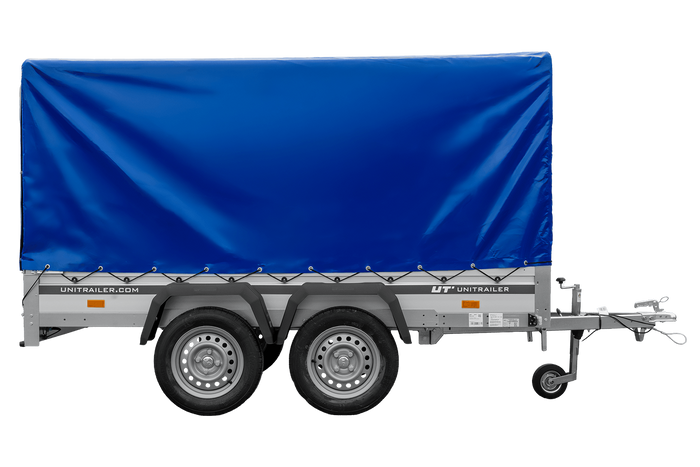 Zweiachsiger Anhänger mit Aluminiumseitenwänden 264x125 Unitrailer Garden 264/2 KIPP ALU mit Rahmen H-1100 und blauer Plane