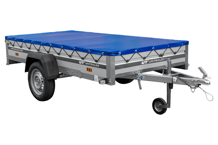 Autotransportanhänger mit Aluminiumseitenwänden 264x125 Unitrailer Garden 264 KIPP ALU mit H-0-Rahmen und blauer Plane