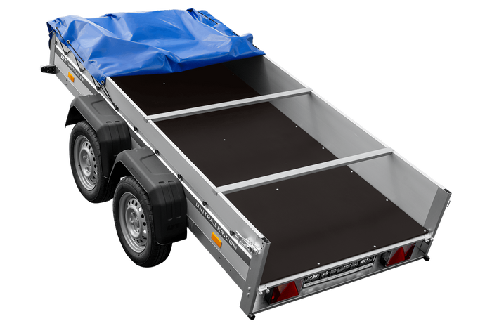 Zweiachsiger Anhänger mit Aluminiumseitenwänden 264x125 Unitrailer Garden 264/2 KIPP ALU mit H-0-Rahmen und blauer Plane