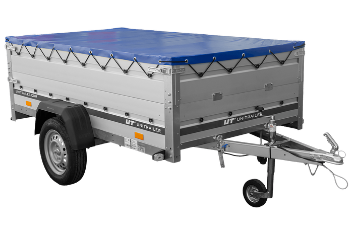 Einachsanhänger mit Aluminiumseitenwänden 230x125 Unitrailer Garden 230 KIPP ALU mit BIS-Seitenwänden, H-0-Rahmen und blauer Plane