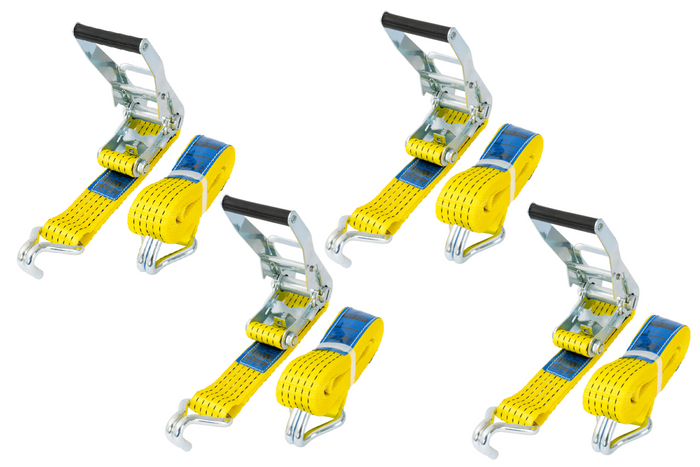 Satz aus vier gelben UNITRAILER 4m/50mm/5t Transportgurten mit Spannvorrichtung