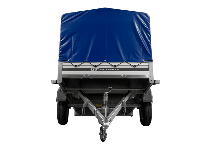 Einachsanhänger mit Aluminiumseitenwänden 230x125 Unitrailer Garden 230 KIPP ALU mit H-800 Rahmen und blauer Plane